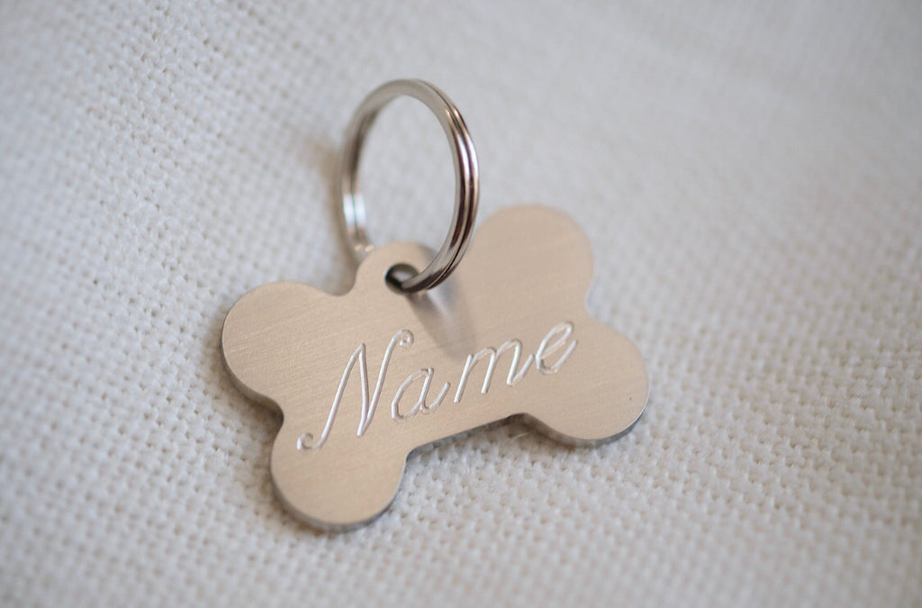 Bone Shaped Stainless Steel Dog Tag - Cursive