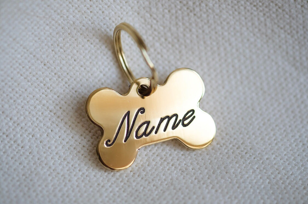 Bone Shaped Brass Dog Tag - Cursive